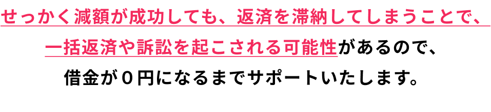 せっかく減額が成功しても、返済を滞納してしまうことで、一括返済や訴訟を起こされる可能性があるので、借金が０円になるまでサポートいたします。