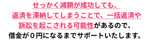 せっかく減額が成功しても、返済を滞納してしまうことで、一括返済や訴訟を起こされる可能性があるので、借金が０円になるまでサポートいたします。